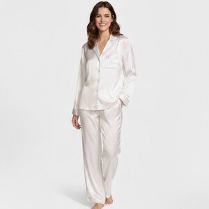Victoria's Secret Bride Edition Size S Satin Long Pajama Set White and Blue NWT